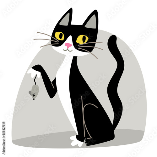 Black and white cat caught a mouse, flat style illustration