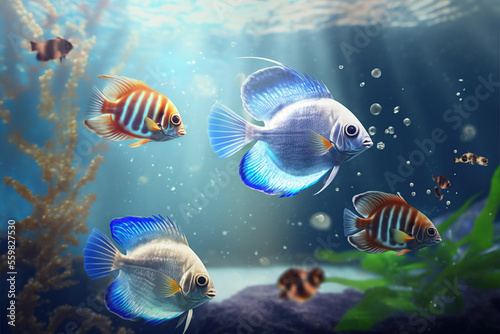 Beautiful colourful freshwater fish in aquarium, Generative AI