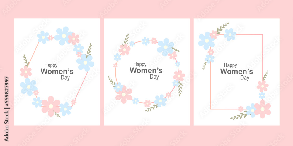Set of floral posters for women's day. Collection of different designs with flowers and text.