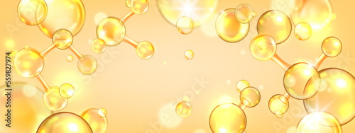 Gold collagen background, oil lab 3D peptide molecule background, jojoba cosmetic science banner. Yellow liquid bubble, vector skin care vitamin medical poster. Gold collagen beauty chemistry backdrop photo