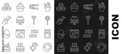 Set line Donut, Chocolate bar, Lollipop, Sugar stick packets, Cake plate, Bitten chocolate, Macaron cookie and icon. Vector