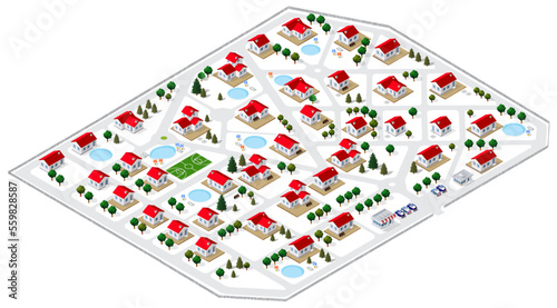 A glance at the isometric 3D illustration view of a cottage townhouse bungalow