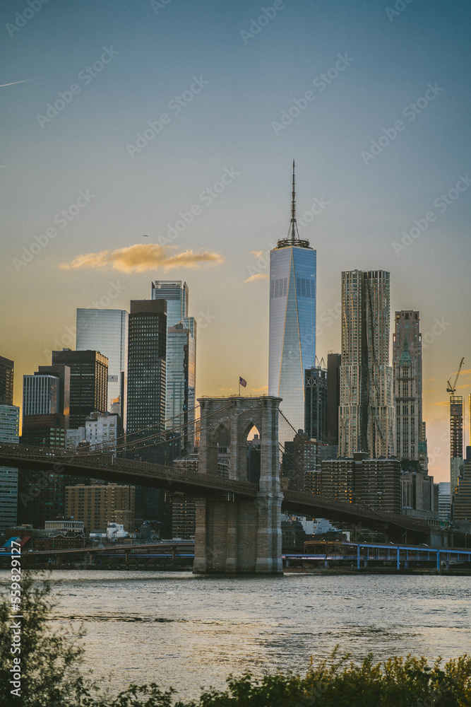 Skyscrapers and Brooklyn Bridge over river Skyscrapers and Brooklyn Bridge over river
