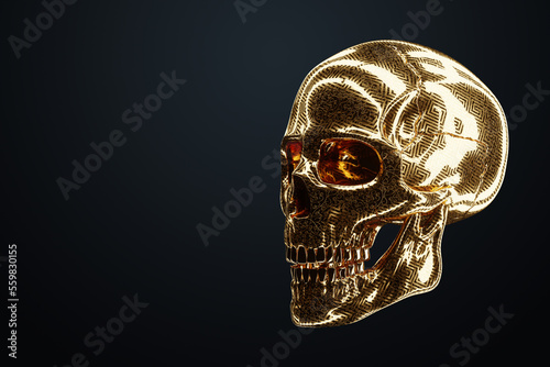 Golden human skull on a dark background. Modern design, magazine style, creative image, trendy template, black and gold luxury style. 3D render, 3D illustration.