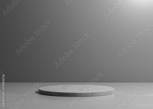 Grey shades abstract cement stage or podium with place for your product presentation on blank metal wall background with back light