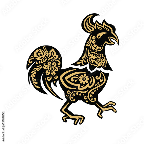 Rooster  chicken in the style of Khokhloma painting  black and gold and vector illustration
