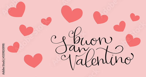 Buon San Valentino translation from italian Happy Valentine day. Handwritten calligraphy lettering illustration. Vector background with paper cut hearts.