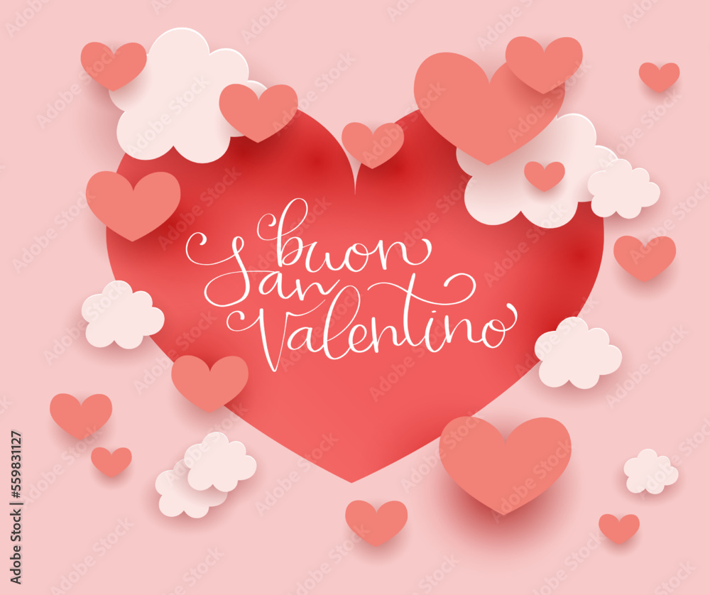 Buon San Valentino translation from italian Happy Valentine day. Handwritten calligraphy lettering illustration. Vector background with paper cut hearts and clouds.