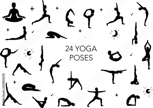 24 yoga pose vectors icon, full web icon set, vector illustration