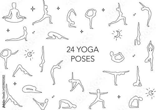 24 yoga pose vectors icon, thin line web icon set, vector illustration