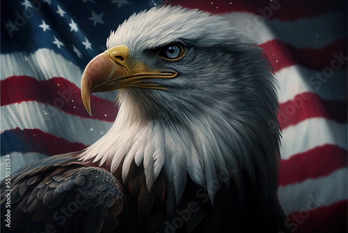 American bald eagle with flag. 3d design. Ai Generative