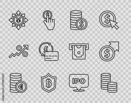 Set line Coin money with euro symbol, dollar, Shield bitcoin, Yen, Credit card, IPO and Financial growth and icon. Vector