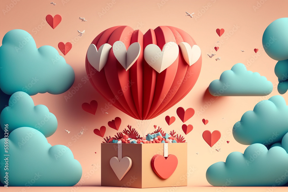 A romantic illustration of message for Valentine's Day. Big hearth balloon above the box full of hearts, and abstract love creations. AI generative