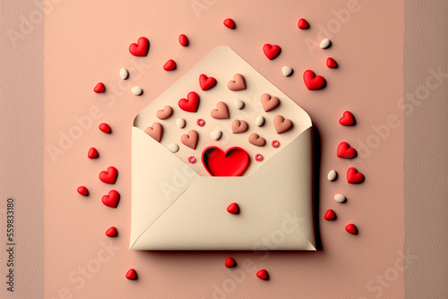 Romantic message for Valentine's Day, top view of a letter full of hearts, abstract illustration. AI generative