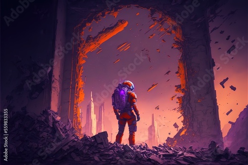 An astronaut stands in the ruins of a city