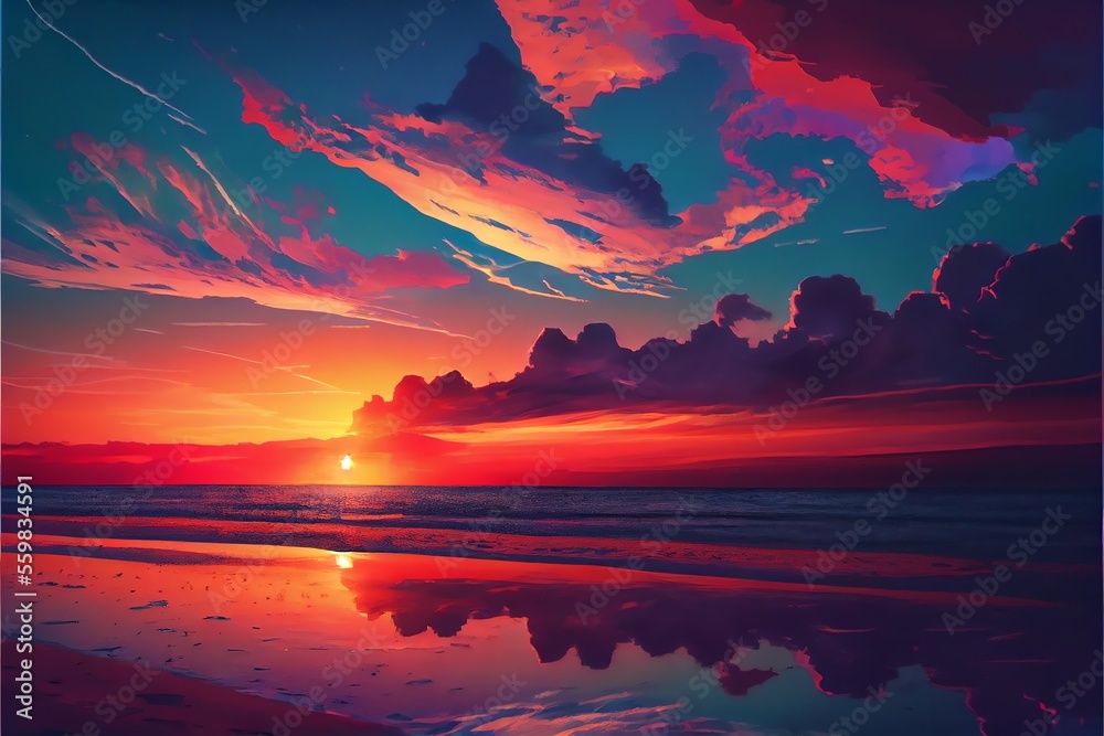 Wonderful sunset sky along the beach. Generative AI