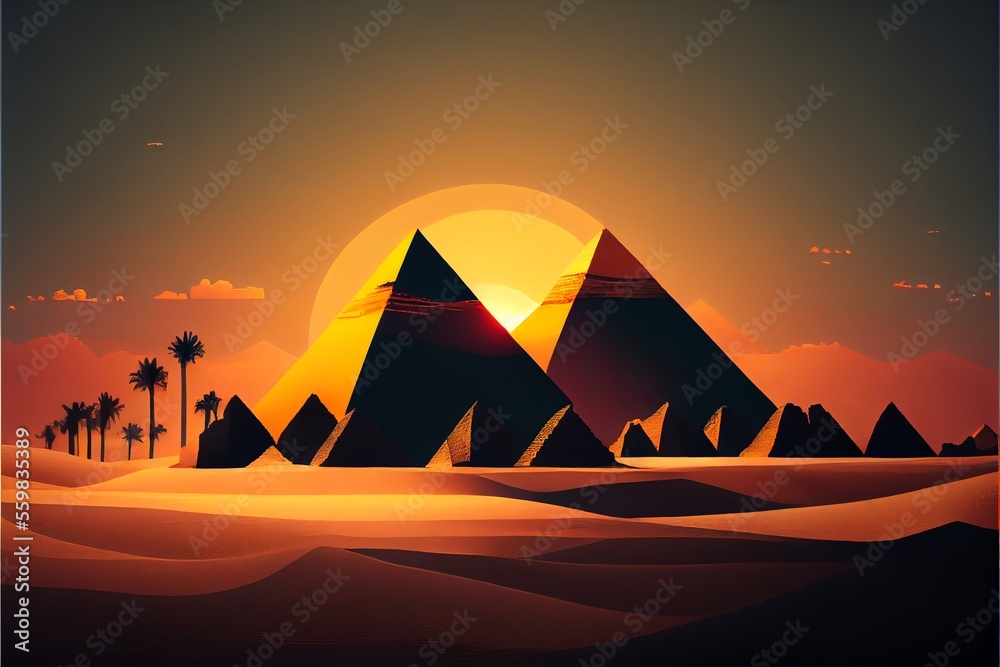 Two fictional egyptian pyramids in desert with evening sunset Generative AI