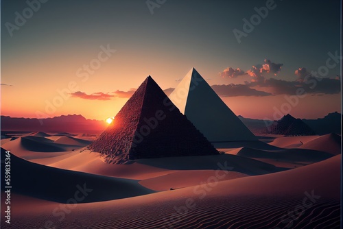 Two fictional egyptian pyramids in desert with evening sunset Generative AI