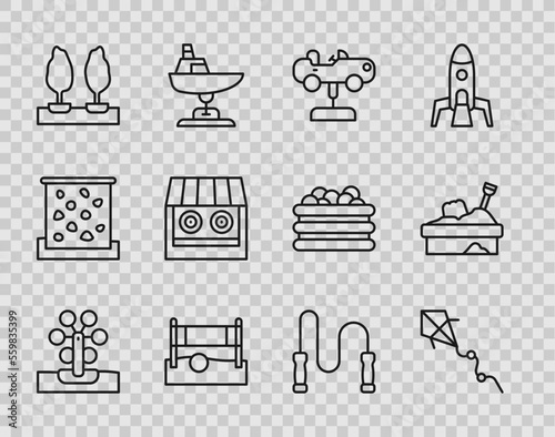 Set line Ferris wheel, Kite, Swing car, Volleyball net with ball, Forest, Shooting gallery, Jump rope and Sandbox sand icon. Vector