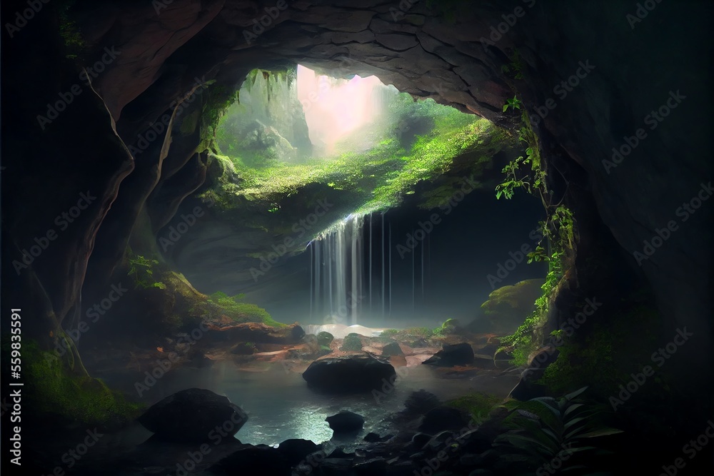 Obraz premium Waterfall inside a Cave. Generative AI