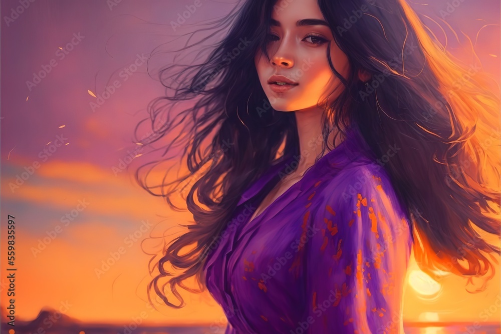 Girl in purple dress on the beach at sunset