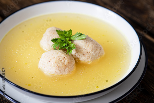 Delicious Matzo ball soup, Jewish traditional cuisine.Passover food