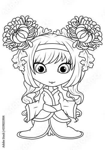 Girl with flowers in her hair. Chrysanthemum princess. Coloring book for children. Vector illustration