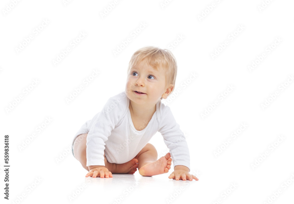Little, happy and smiling cute baby in the studio. Portrait of a one year old baby. The concept of happiness. Little, happy and smiling cute baby in the studio. Portrait of a one year old baby. The concept of happiness.