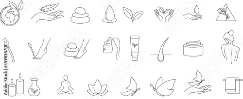 Cosmetic products, essential oil, fragrances, spa, body massage, hair serum line icon set vector illustration 