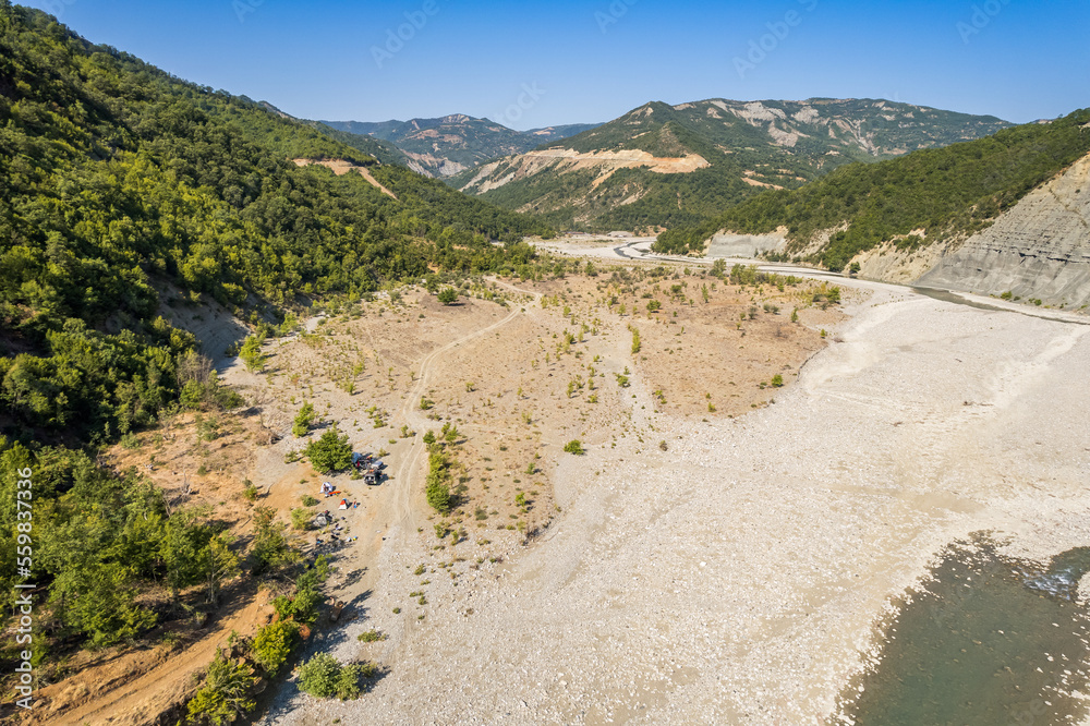 Aerial view of river Osum in Albania near village Rog in Summer 2022 Aerial view of river Osum in Albania near village Rog in Summer 2022