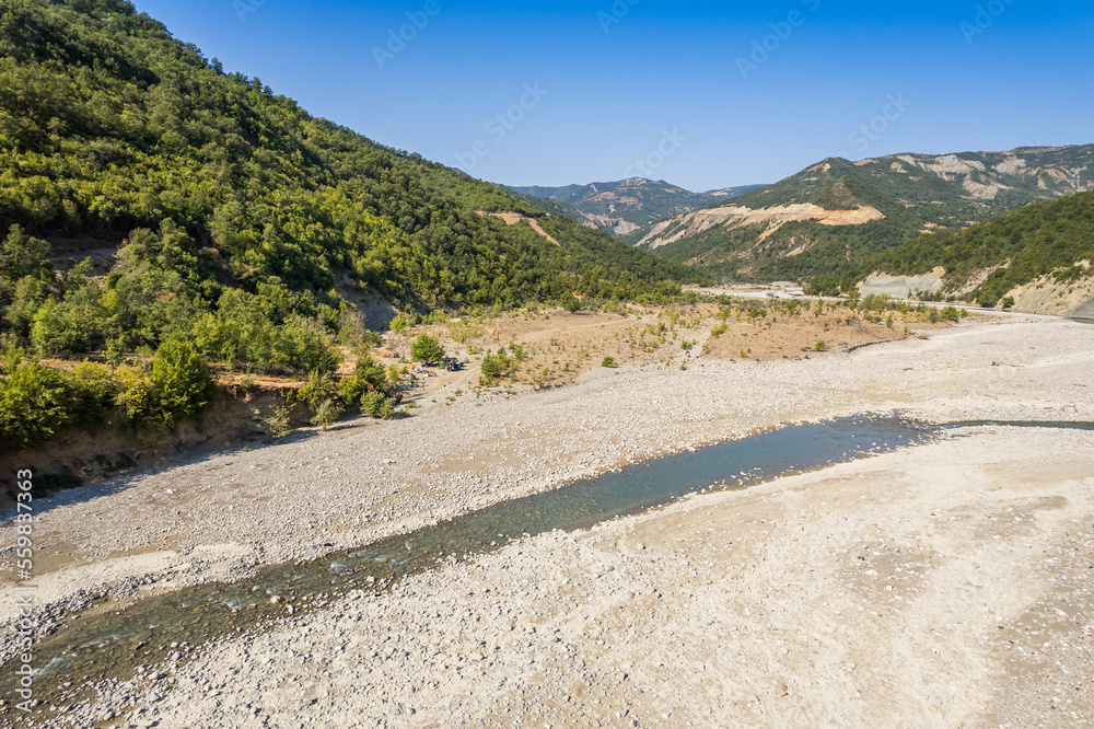 Aerial view of river Osum in Albania near village Rog in Summer 2022