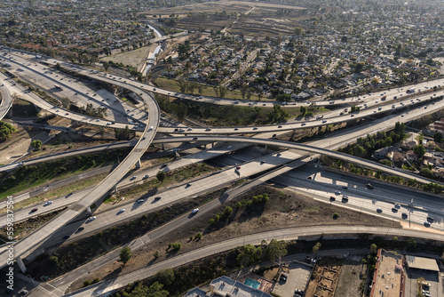 Aerial view of the 5 and 118 freeway ramps in the San Fernando Valley area of Los Angeles California. 