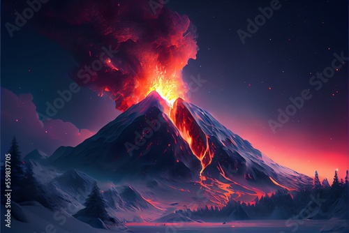 Mountainous volcano erupting and casting lava. Generative AI