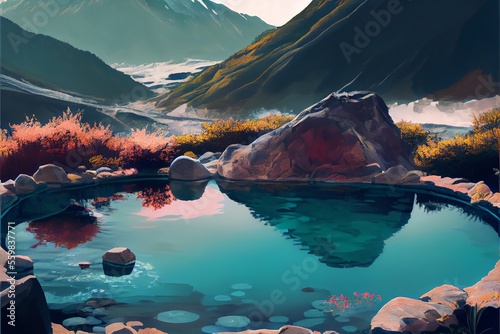 Natural hot spring bath surrounded by mountains. Generative AI