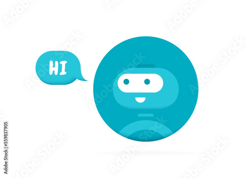 Chatbot character say HI. Cute 3d Bot sign. Chat bot logo design. Bot for online consultation and support service. Flat vector illustration