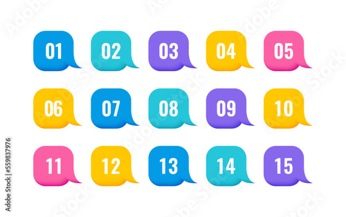 Super set colorful 3d bullet point on white background. Colorful markers with number from 1 to 15. Modern vector illustration
