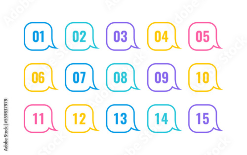 Super set line bullet point on white background. Colorful markers with number from 1 to 15. Modern vector illustration