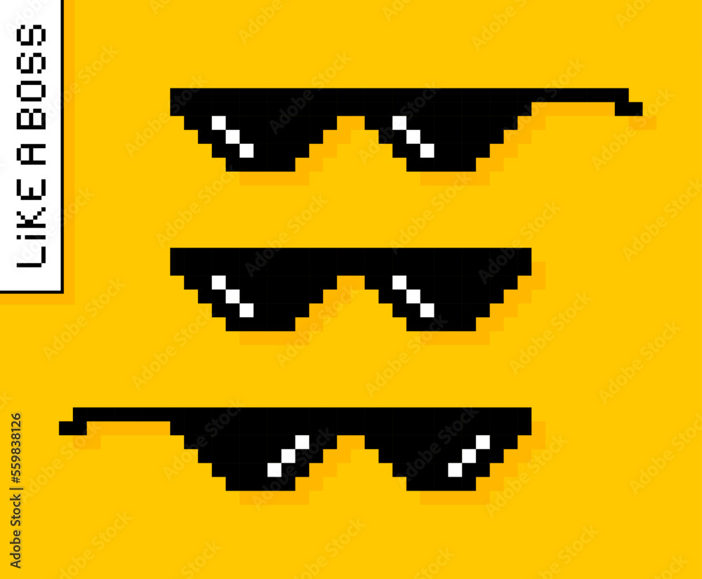 Black pixel glasses. Like a boss meme. Mafia gangster funky logo