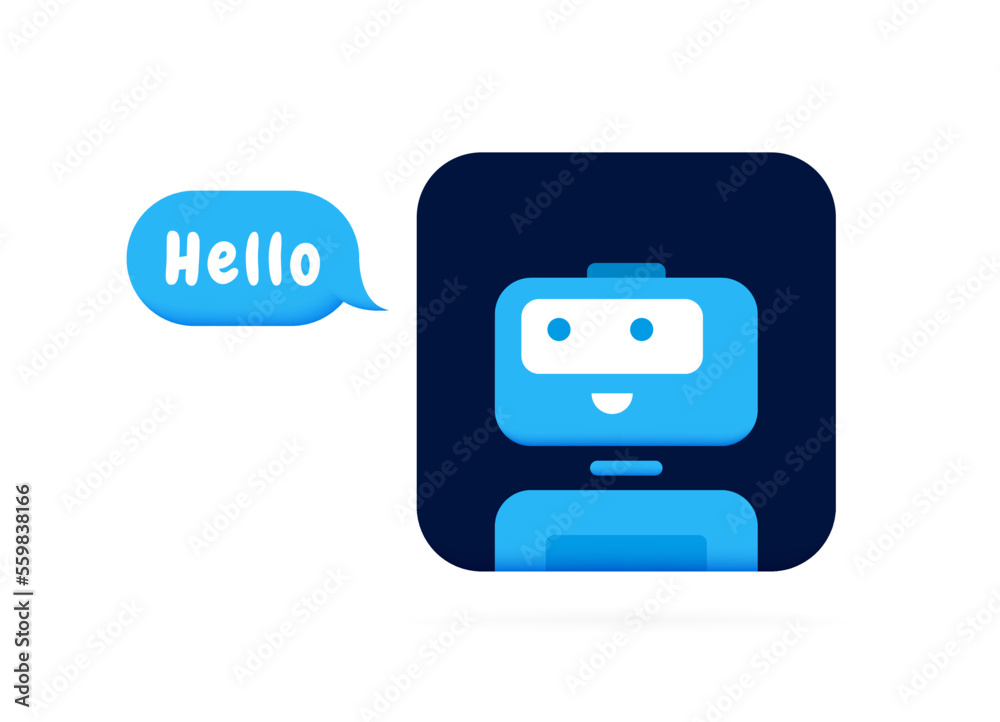 Chatbot character say HELLO. Cute 3d Bot sign. Chat bot logo design. Bot for online consultation and support service. Flat vector illustration Chatbot character say HELLO. Cute 3d Bot sign. Chat bot logo design. Bot for online consultation and support service. Flat vector illustration