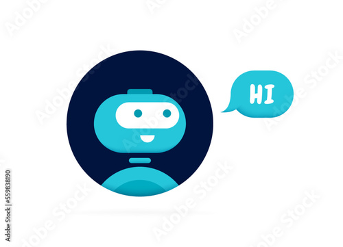 Chatbot character say HI. Cute 3d Bot sign. Chat bot logo design. Bot for online consultation and support service. Flat vector illustration