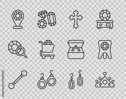 Set line Piercing, King crown, Christian cross, Earrings, Jewelry store, online shopping, and Tooth with diamond icon. Vector