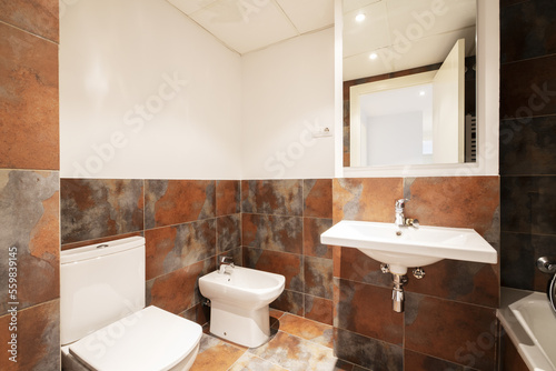 Bathroom with mottled tiled wall  white sanitary ware and rectangular mirror on the wall