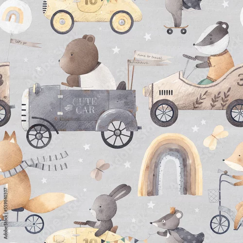 Tapety Seamless pattern transports with animals. Watercolor Background. Vintage cars. Beautiful pattern for a child's room. Light grey background.