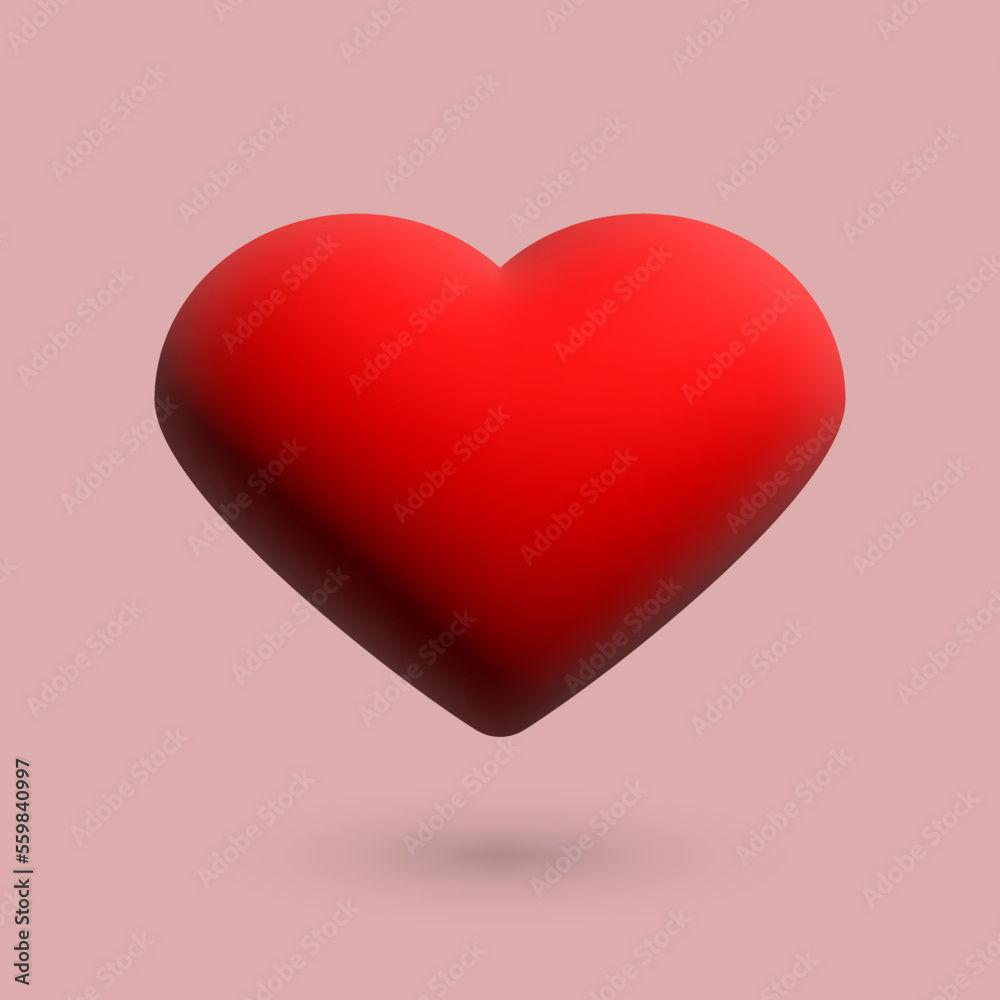 Heart 3D on a pink background, vector. Red heart 3D with shadow on a pink background.