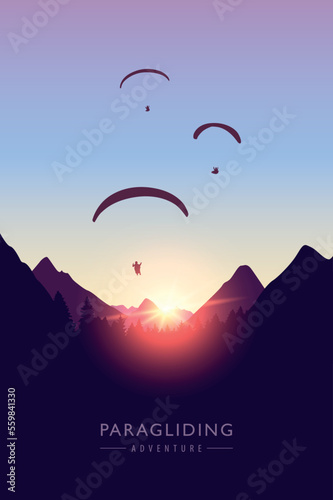 paragliding adventure with friends on mountain landscape at sunset