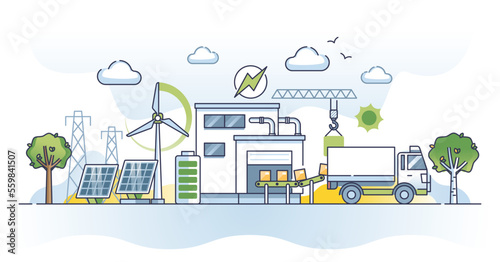 Sustainable supply chain with nature friendly distribution outline concept. Logistic management from warehouse to shipping considering environmental power and ecological factors vector illustration.