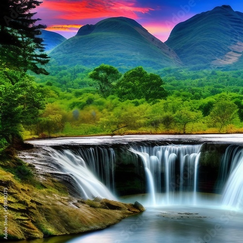 Beautiful waterfall scenery in a forest with a colourful sky