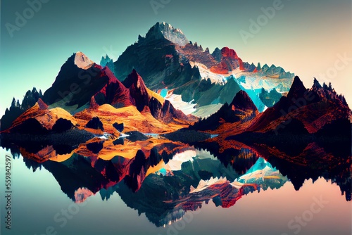 Beautiful mountain and lake. Generative AI.