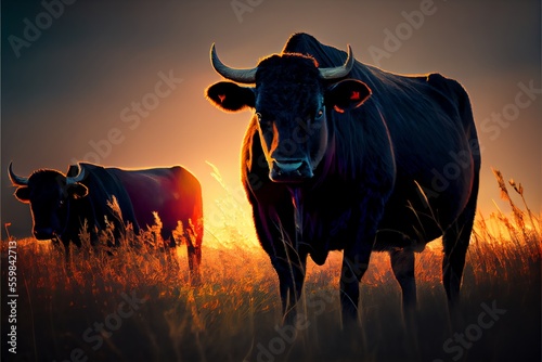 Black Angus cattle on a field of grass under the setting sun. Generative AI.