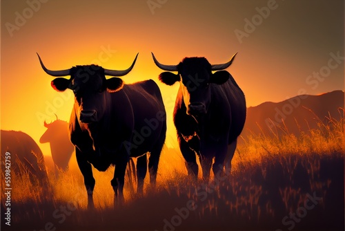 Black Angus cattle on a field of grass under the setting sun. Generative AI